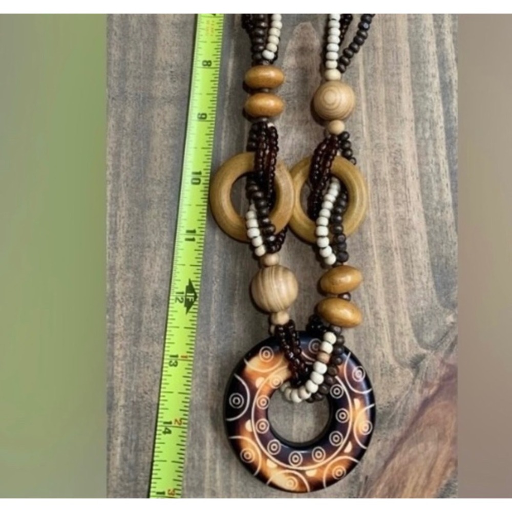 Chunky Wood Resin Statement Necklace Set Boho Vintage Retro Y2K Earthy - Picture 5 of 9